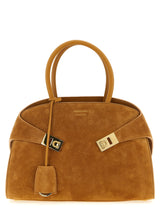 Ferragamo Hug Handbag Small Natural Brown Suede