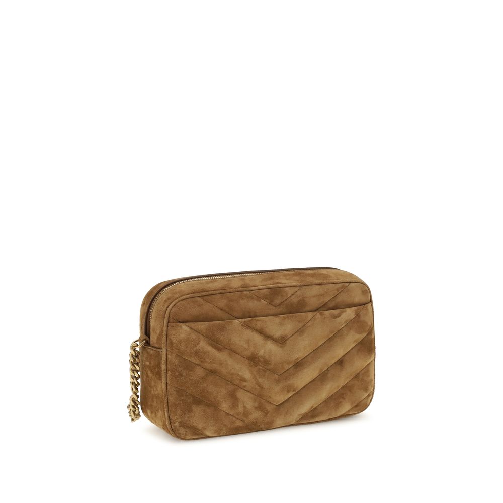 Saint Laurent Loulou Camera Bag In Matelassé Suede Caramel Cognac