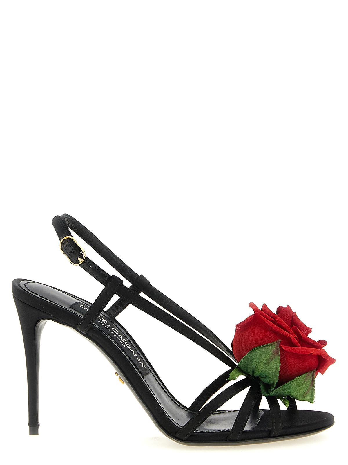 Dolce & Gabbana Satin Sandal with Flower Black Stiletto Heel Sandals