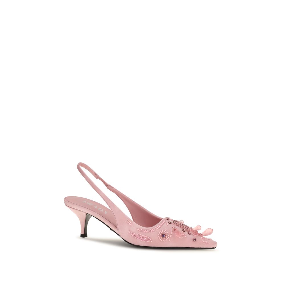 Prada Embroidered Satin Slingback Pumps Pink
