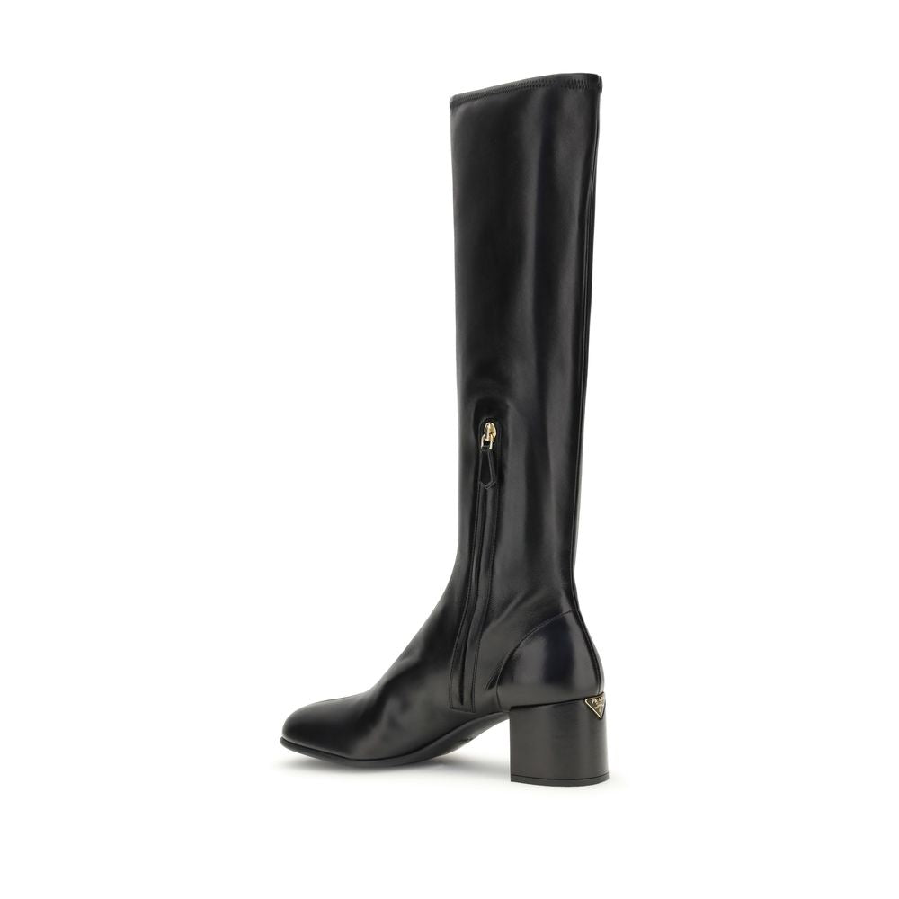 Prada Black Heeled Leather Calf-high Boots